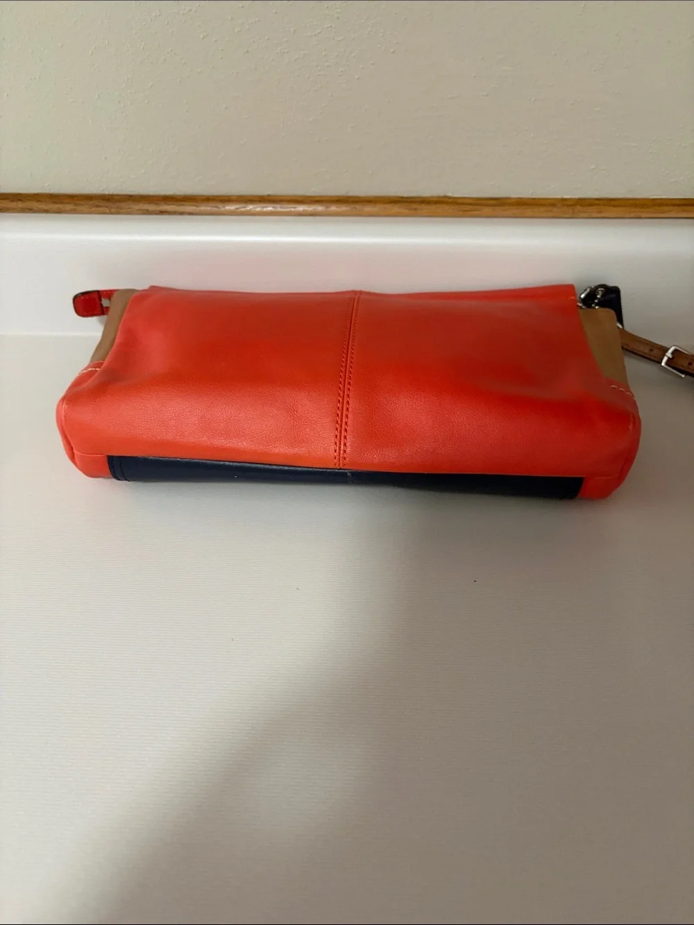 Coach Colorblock Leather Wristlet in Navy, Coral & Tan